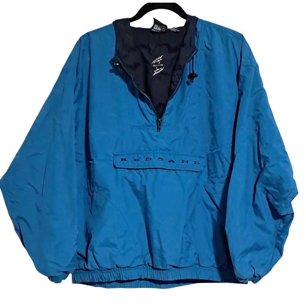 Red Sand Winderbreaker Mens S 1/4 Zip Pullover Jacket With Hood Blue Black‎ Vtg